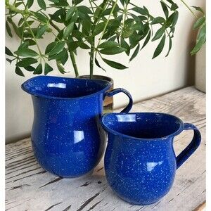 Vintage Enamelware Small Pitcher Creamers Set Blue Spatterware 3.5” & 5” Country